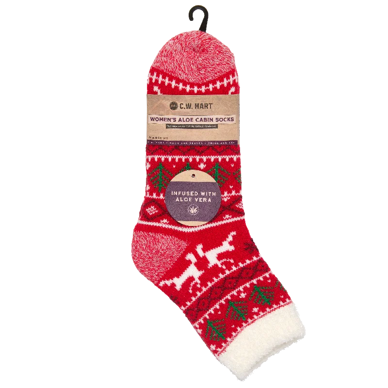 Cozy Cabin Xmas Reindeer Sock With Aloe - Red/White/Green